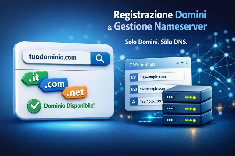 Registrazione domini e gestione nameserver online con domini .it, .com e .net disponibili, pannello DNS e server sicuri